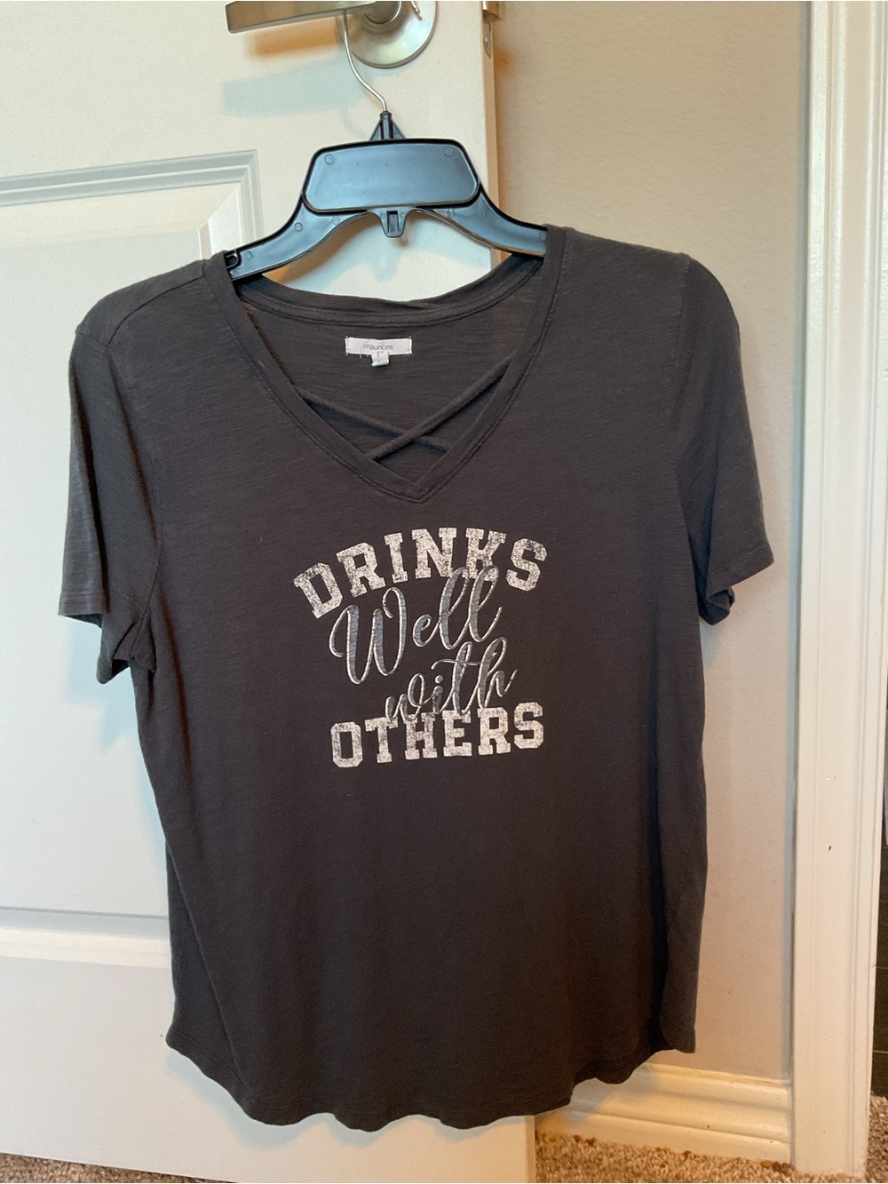 Maurices Charcoal Crisscross V-Neck Tee with 'Drinks Well With Others' Graphic